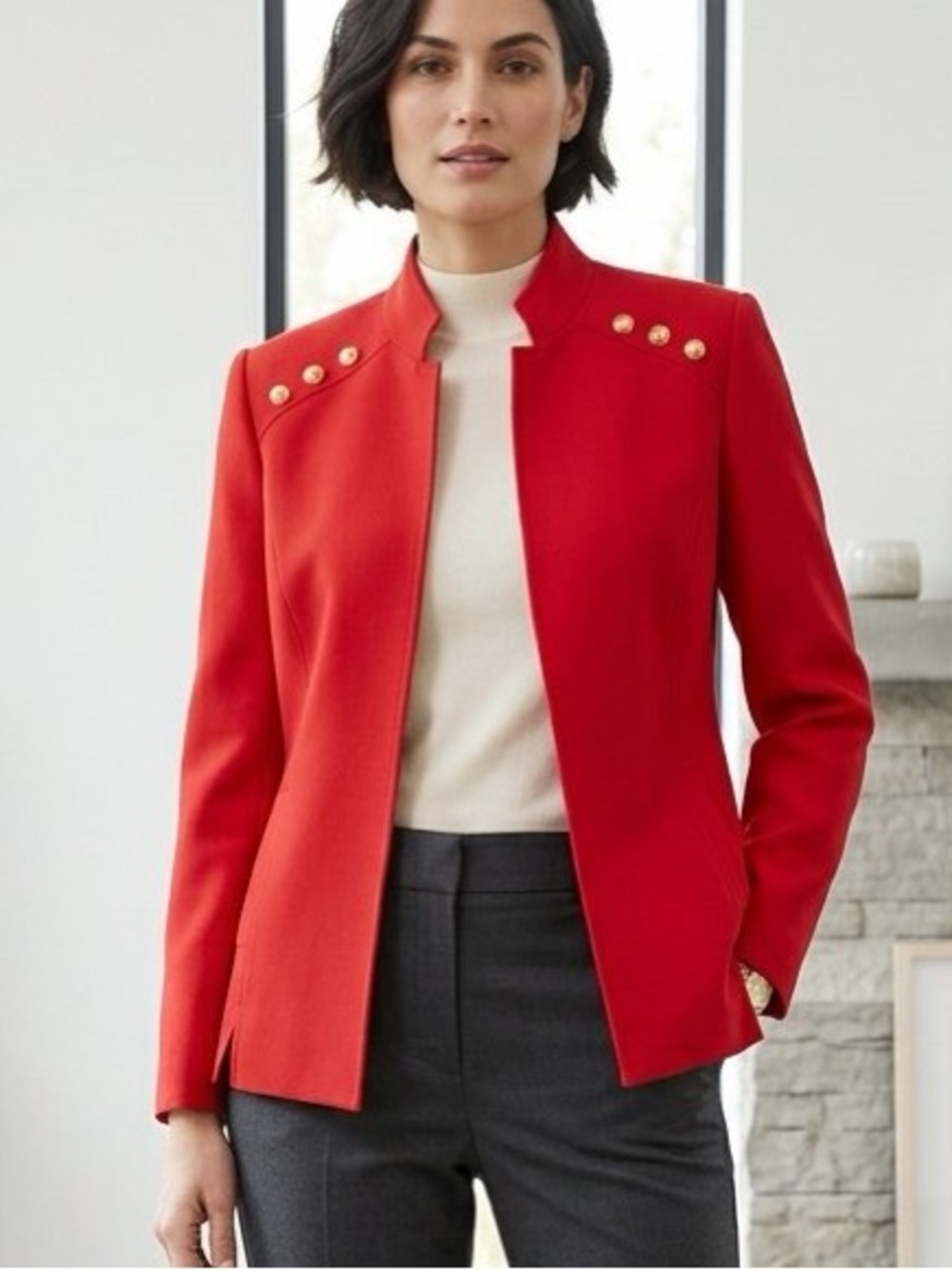 Red Military-Style Stand Collar Women's Blazer 16